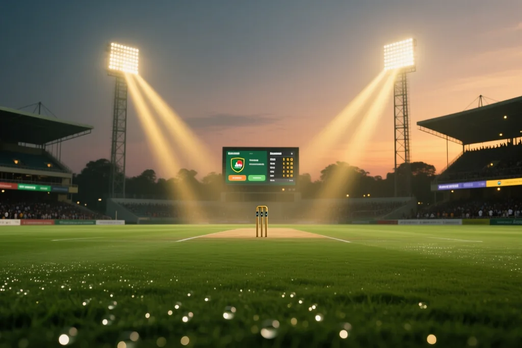 Packed cricket ground with floodlights on during a night match