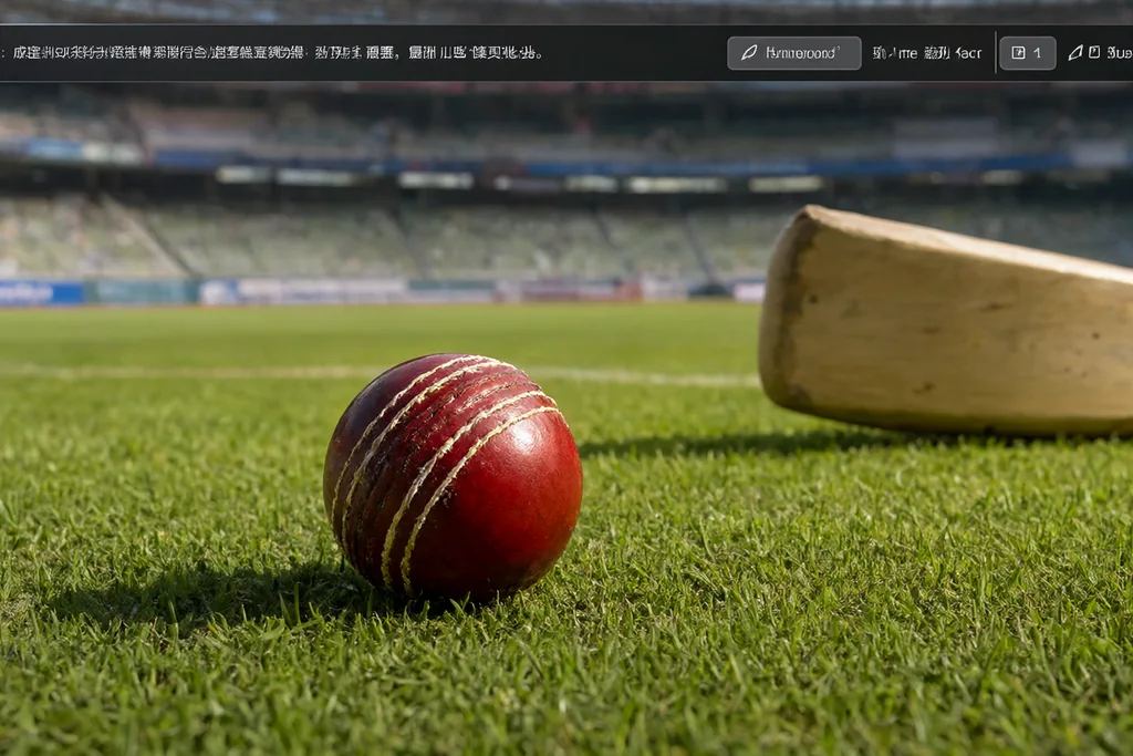 Cricket ball resting on the pitch beside the stumps at dusk