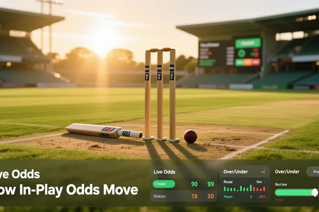 Smartphone showing live cricket odds updating beside a stadium view