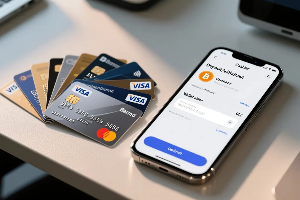 Phone displaying a crypto wallet balance beside a bank card