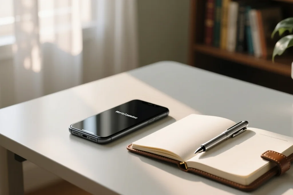 Calm desk with a phone, a pen and a notebook listing support contacts