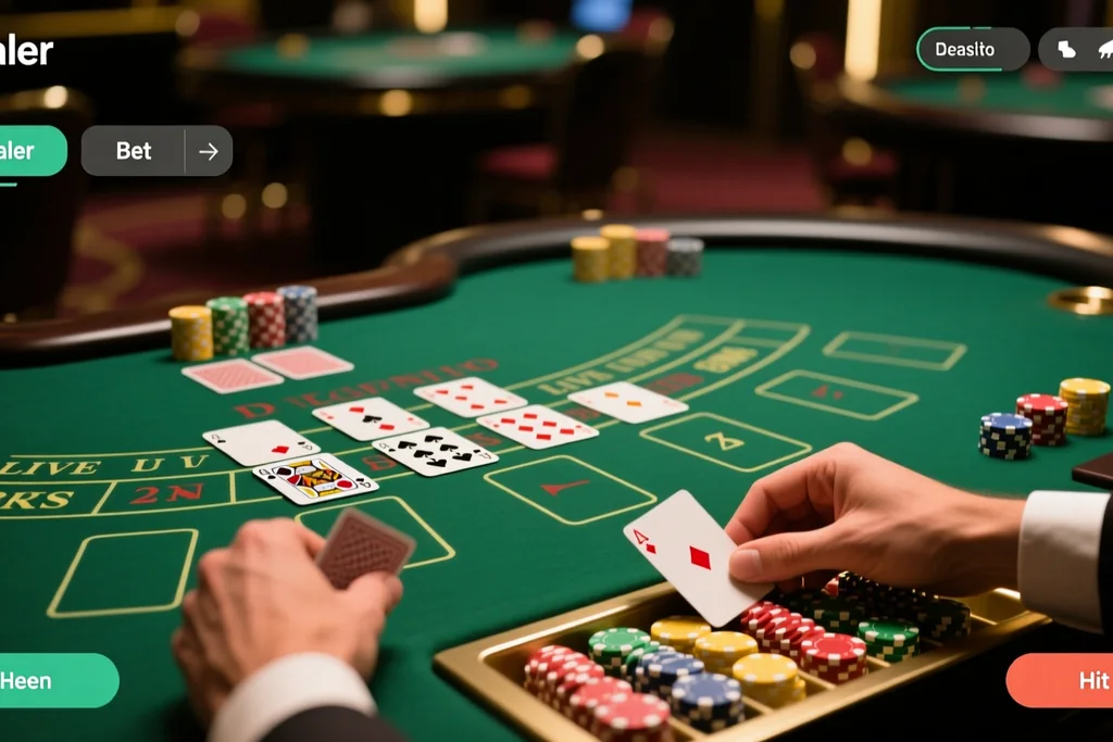 Live casino studio with a dealer shuffling cards in front of a camera