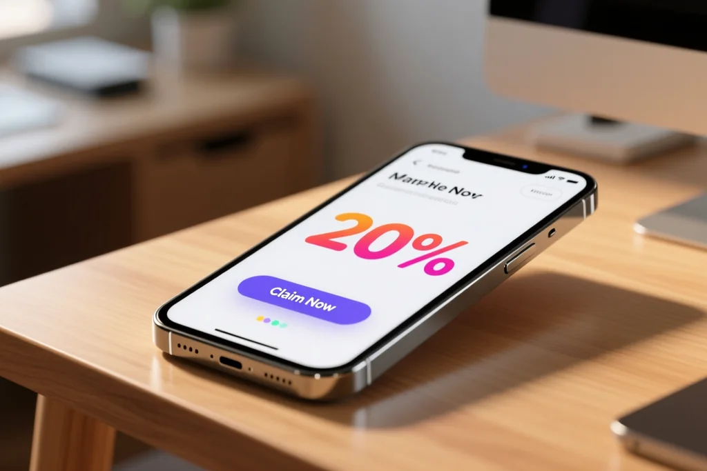 Hand entering a promotional code into a form field on a phone