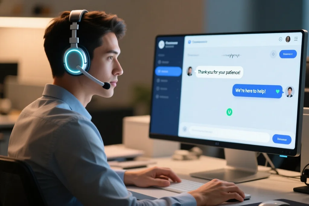 Support agent headset and a laptop open on a live chat screen