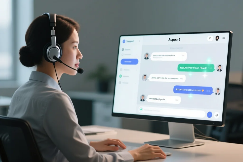 Person speaking with support on a phone beside a laptop with an account page