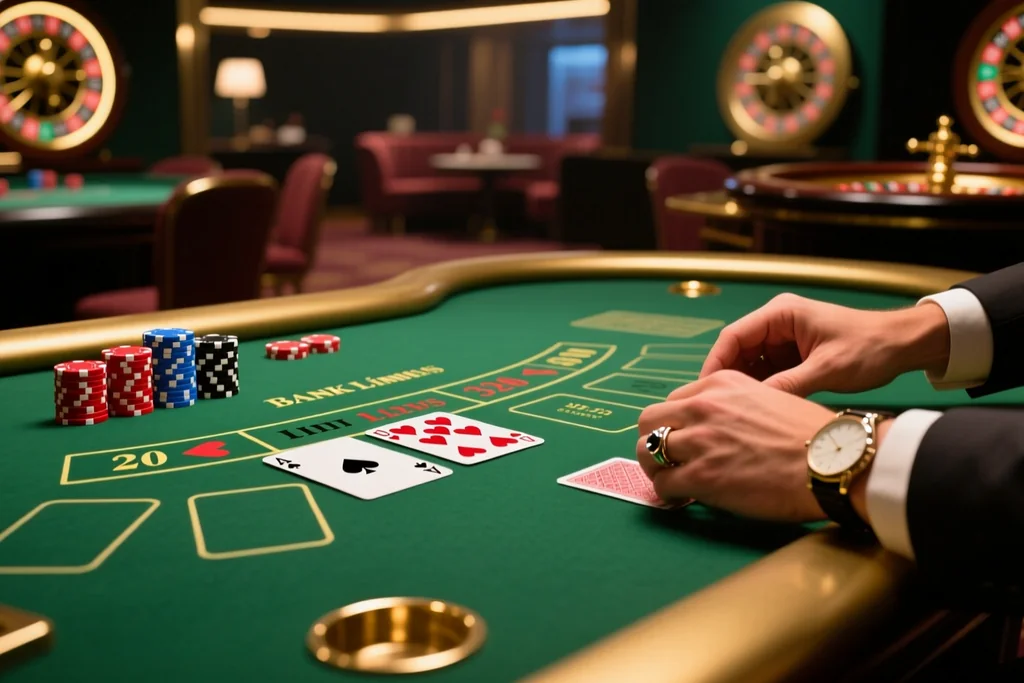 Notepad with a written budget beside casino chips on a dark table