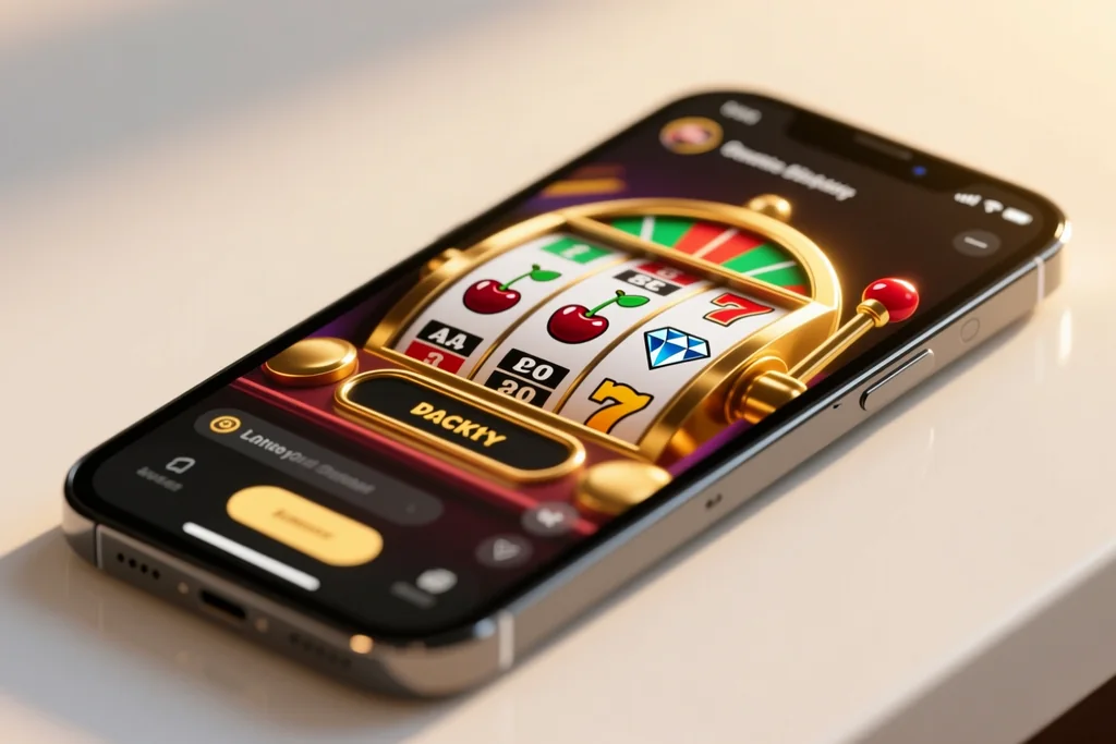 Colorful online casino game tiles on a large monitor screen
