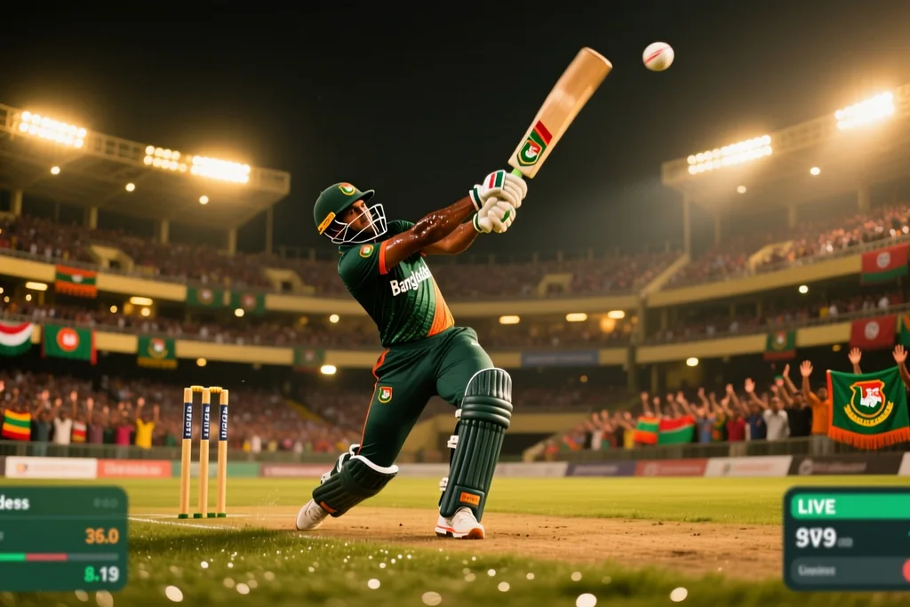Cricket batsman mid-shot on a floodlit stadium pitch