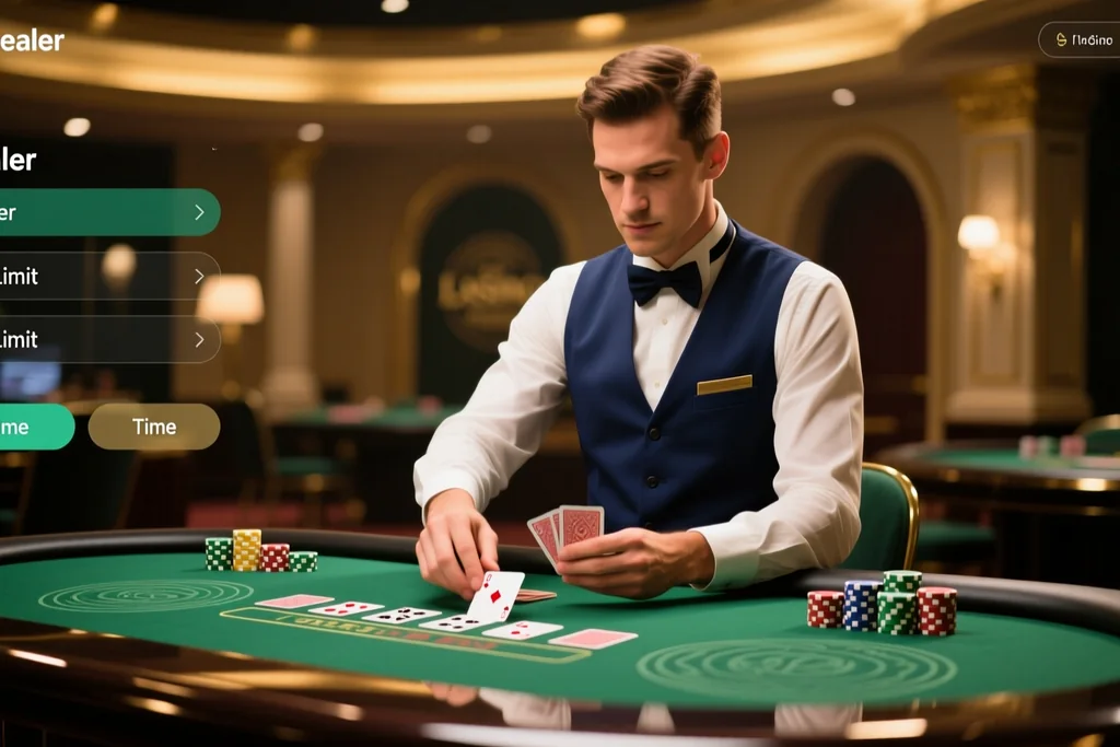 Live casino dealer dealing cards at a table with a video stream overlay