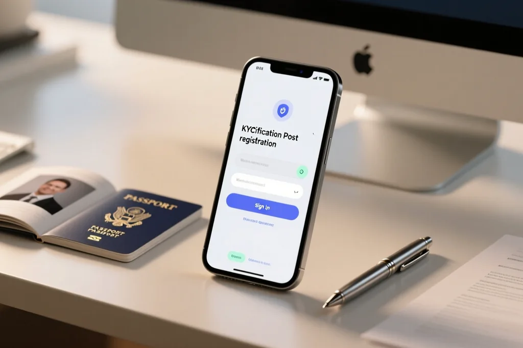 Passport and smartphone on a desk beside an identity verification screen