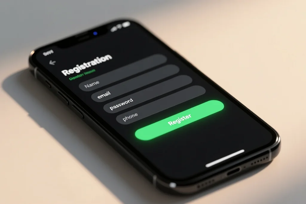Phone and laptop showing alternative registration screens with buttons