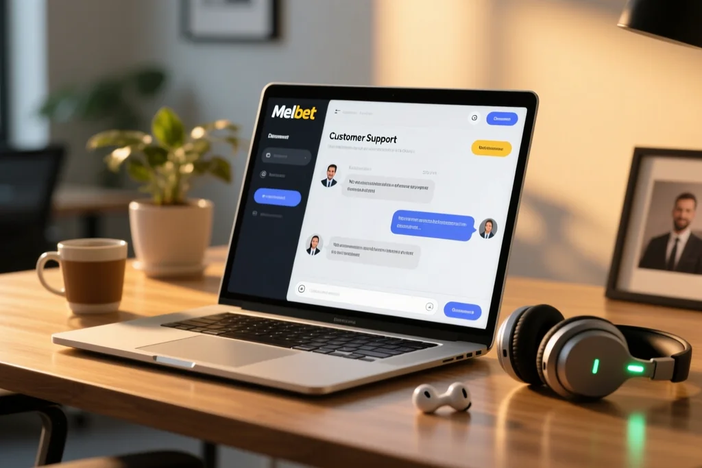 Laptop showing a support chat window with a headset beside it
