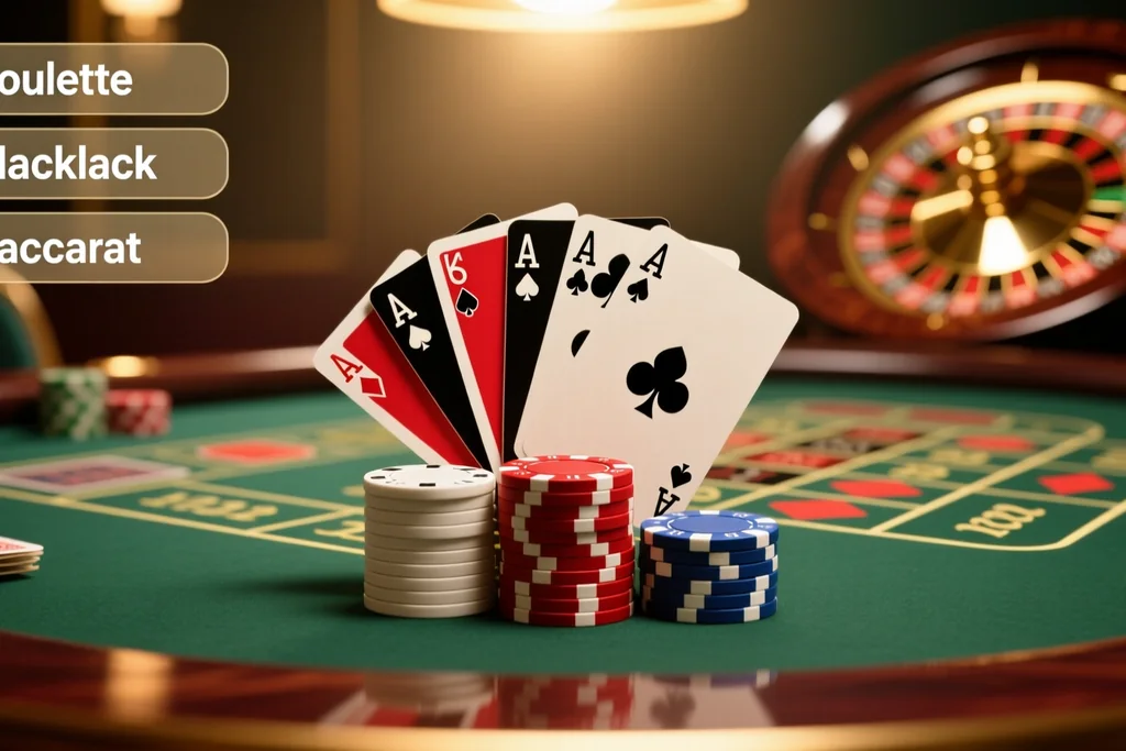 Roulette wheel, playing cards and chips arranged on a green felt table
